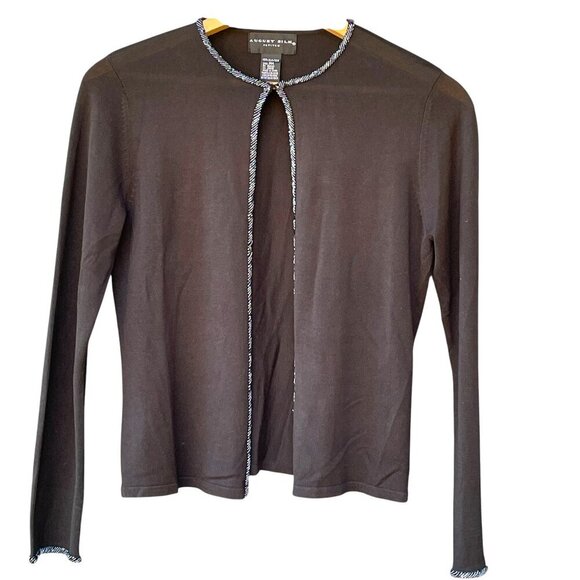 Rare Vintage 1980s 100% Silk Beaded Trim Black Cardigan Women's M Petite - Picture 3 of 10